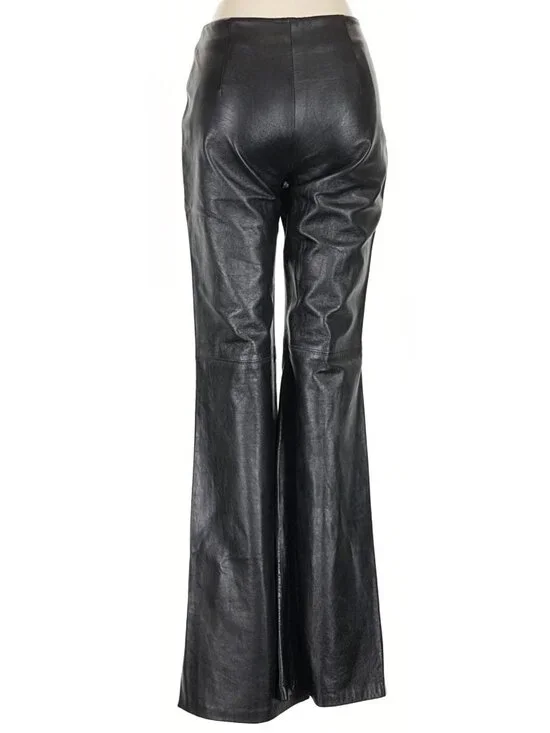 💋CHIC & STYLISH!💋100% Genuine Leather High Waist Slit Hem Flare Pants in Black - Picture 7 of 16